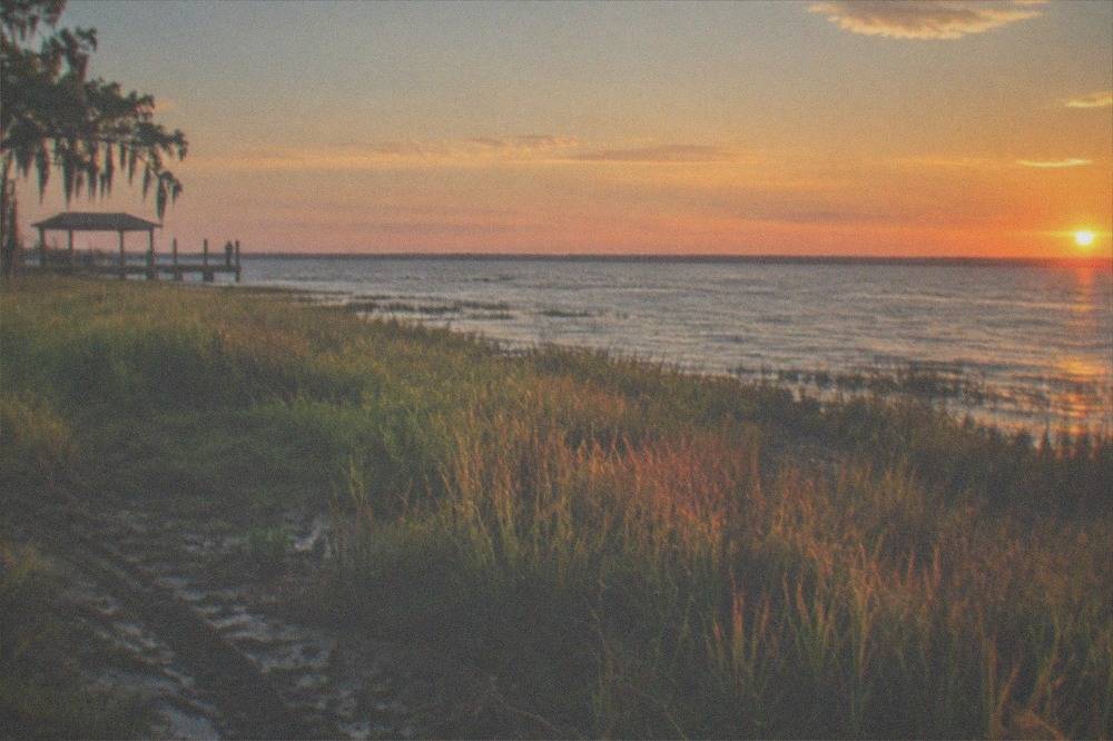 Wide view of marsh grass and open water at sunset with distant tree line on the horizon