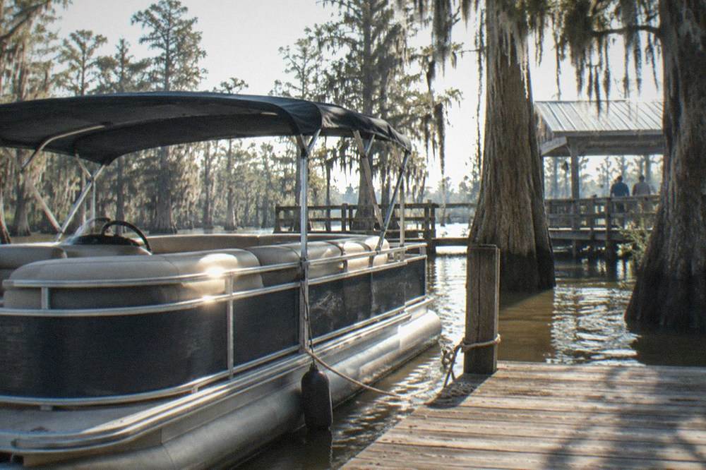 A covered pontoon boat moored at a swamp dock surrounded by cypress trees