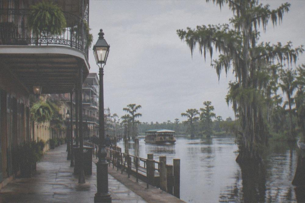 A quiet swamp bayou with tall cypress trees and a distant tour boat