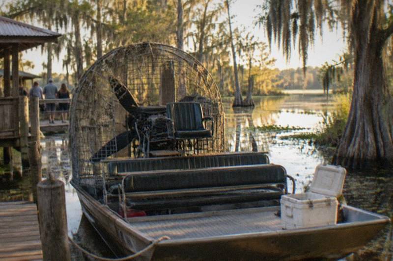 Airboat docked in a Louisiana swamp, the swamp half of a plantation and airboat combo day trip
